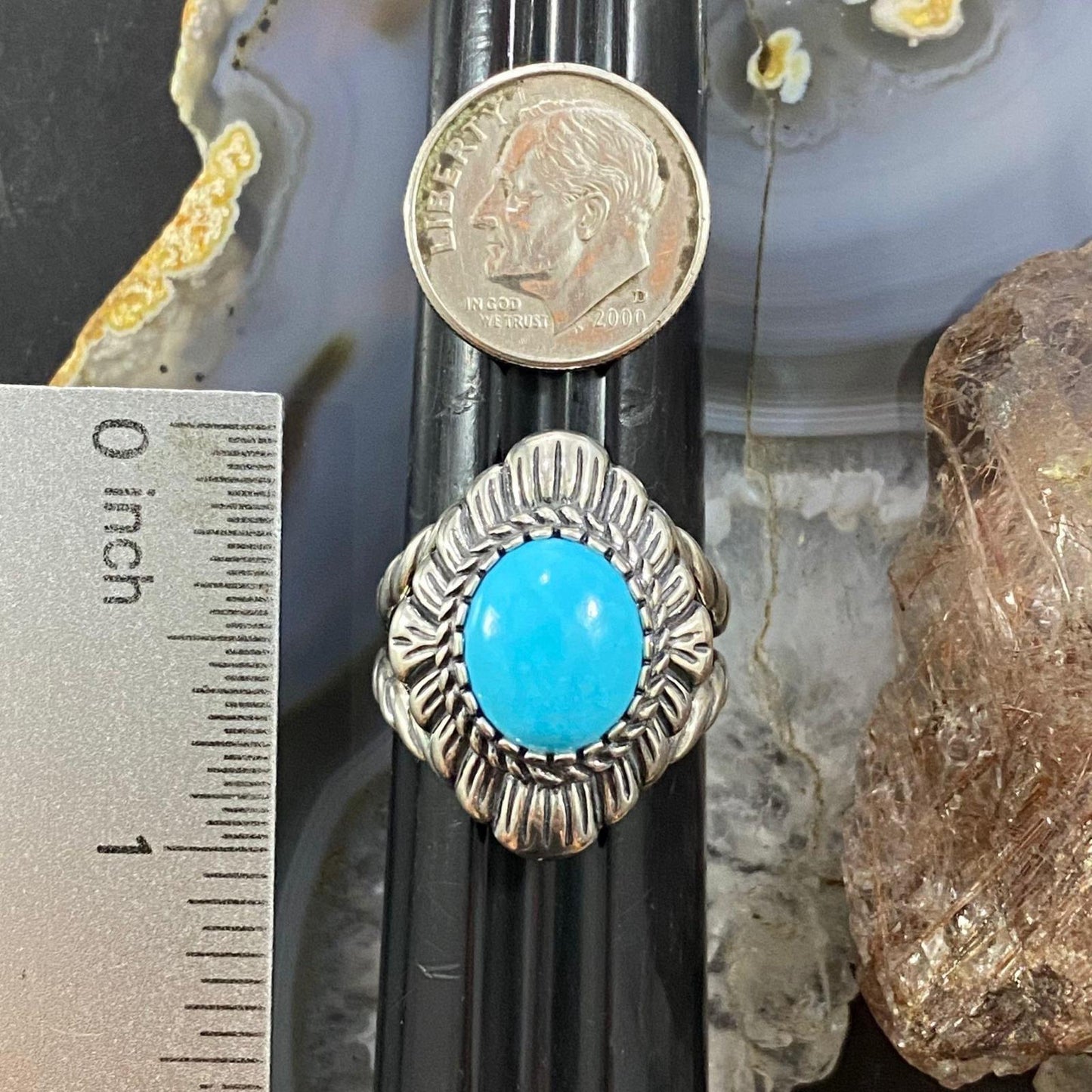 Carolyn Pollack Southwestern Style Sterling Silver Oval Turquoise Decorated Ring For Women