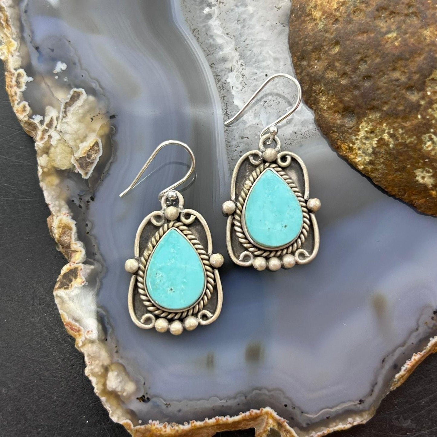 Sterling Silver Southwestern Style Turquoise Decorated Dangle Earrings For Women #4