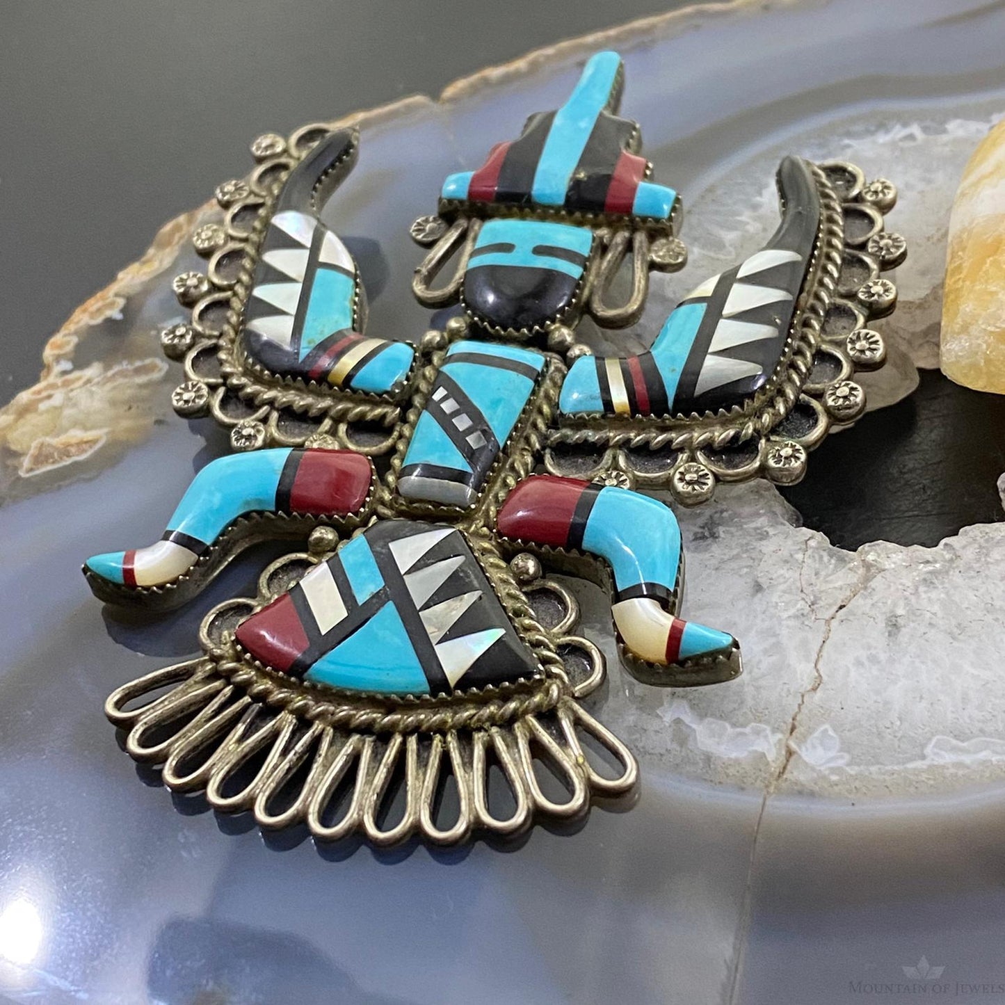 Antique Rainman Kachina Silver Native American Multi Stone Inlay Pendant