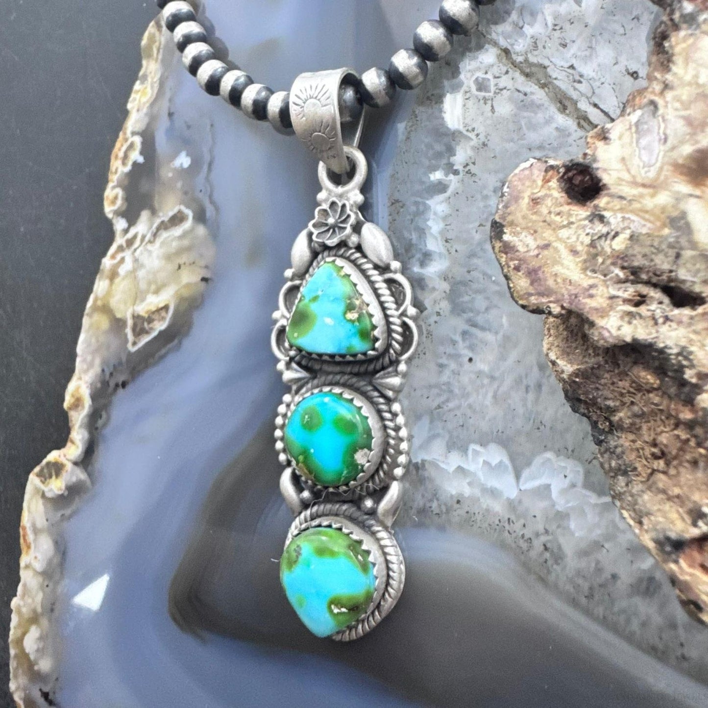 Sterling Silver Southwestern Style 3 Sonora Gold Turquoise Decorated Pendant For Women