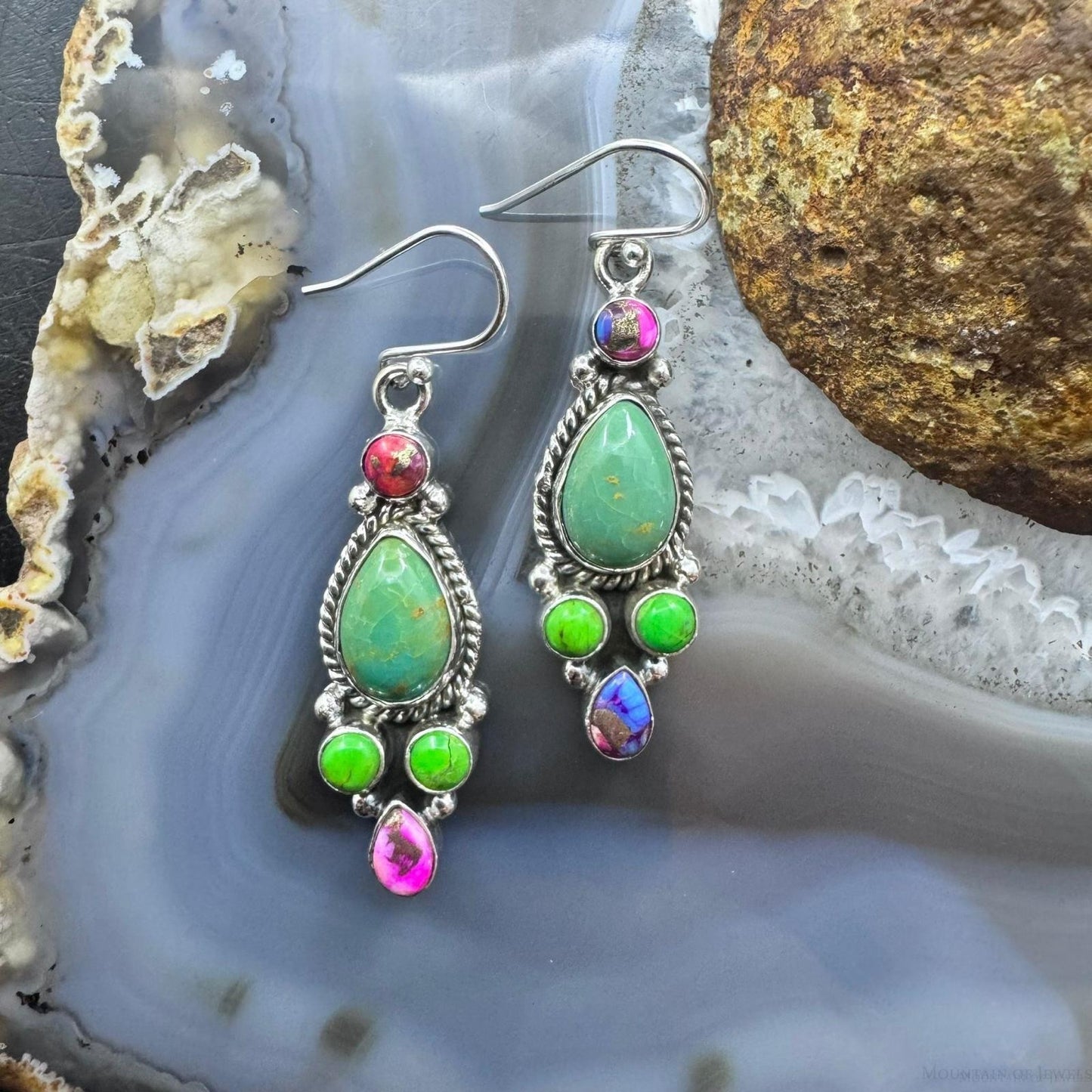 Sterling Silver Southwestern Style Multistone Cluster Dangle Earrings For Women #4