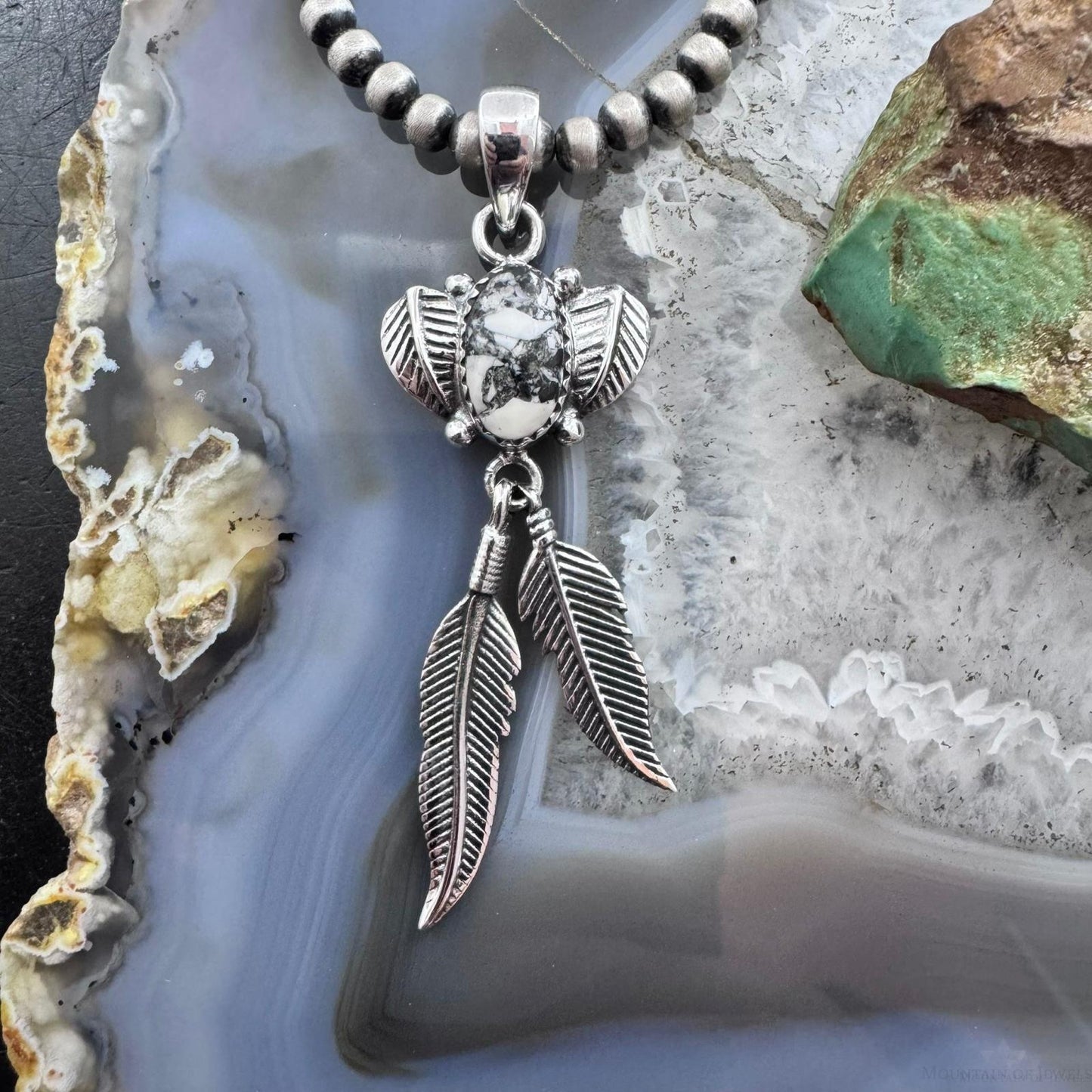 Sterling Silver Southwestern Style White Buffalo Feathers w/Leaves Pendant For Women