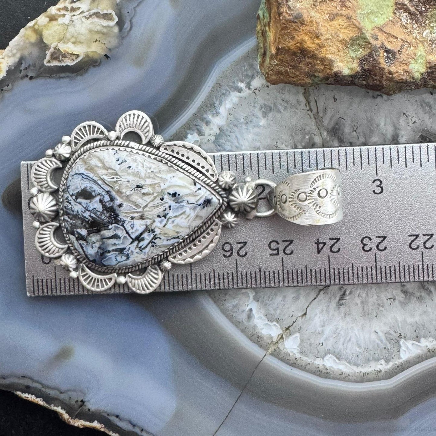Sterling Silver Southwestern Style Wide Teardrop Dendritic Agate Decorated Pendant For Women