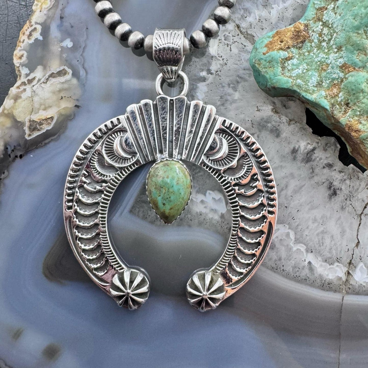 Sterling Silver Southwestern Style Teardrop Turquoise Decorated Unisex Naja Pendant
