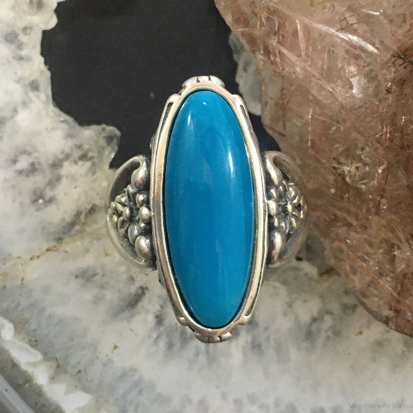 Carolyn Pollack Southwestern Style Sterling Silver Elongated Oval Turquoise Decorated Ring For Women