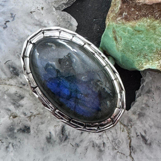 Sterling Silver Southwestern Style Oval Labradorite Ring Size 8 For Women