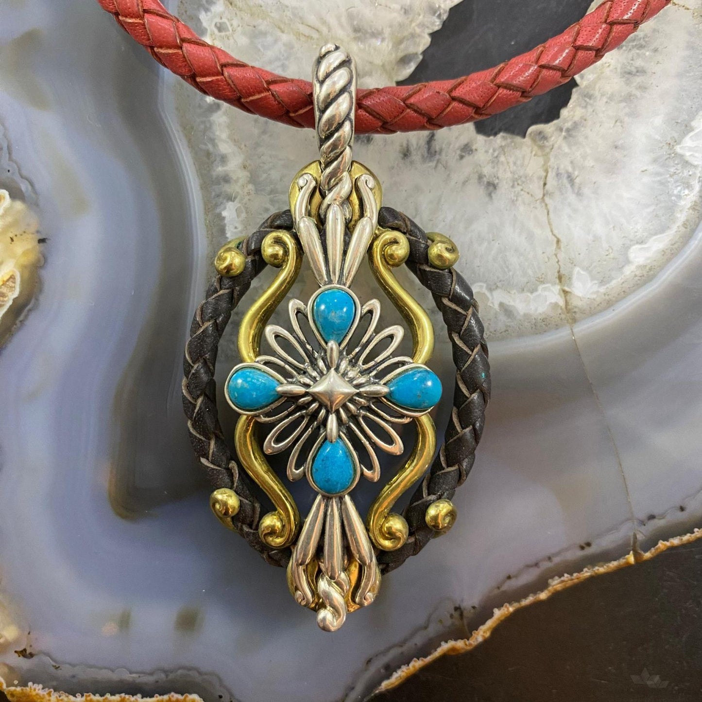 Carolyn Pollack Southwestern Style Sterling Silver/Brass/Leather Multi-gemstone Decorated Pendant For Women