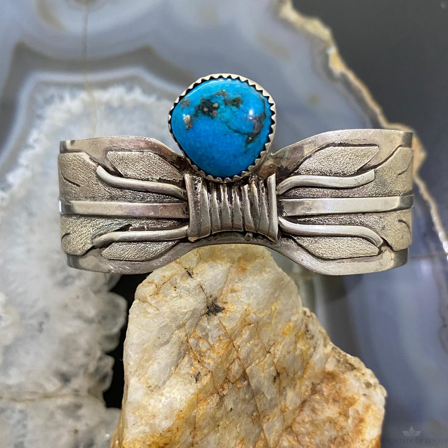 Vintage Signe Native American Sterling Silver Turquoise Overlay Texture Bracelet For Women
