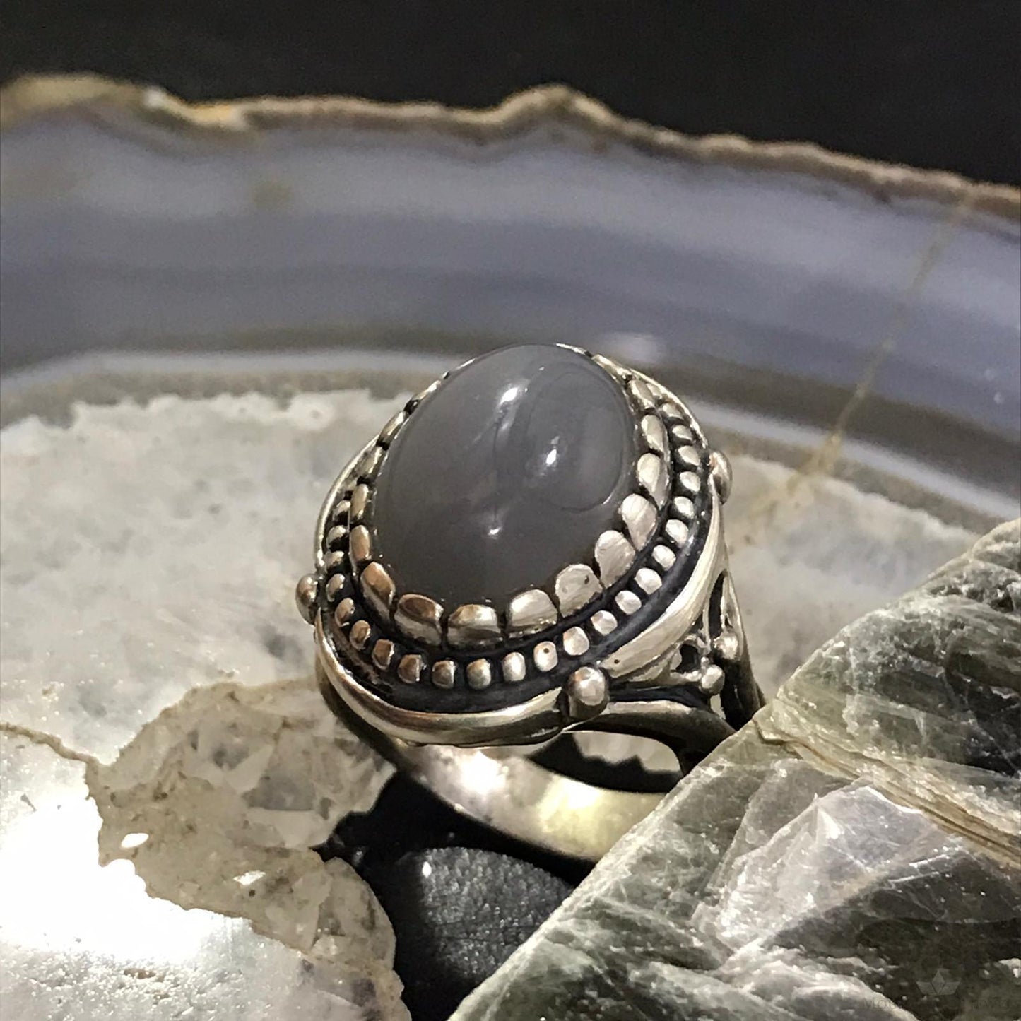 Carolyn Pollack Sterling Silver Oval Gray Agate Decorated Ring Size 9 For Women