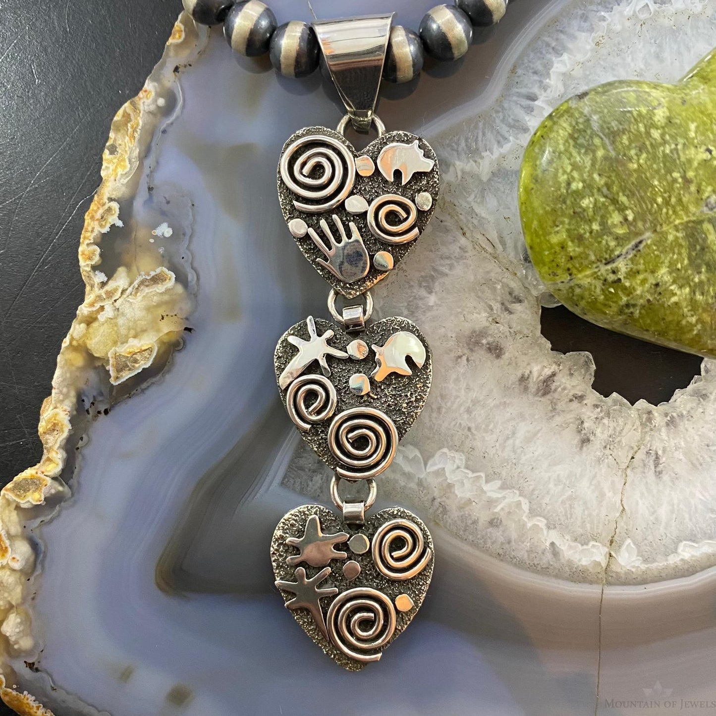 Alex Sanchez Native American Sterling Silver Petroglyph Triple Heart Pendant For Women