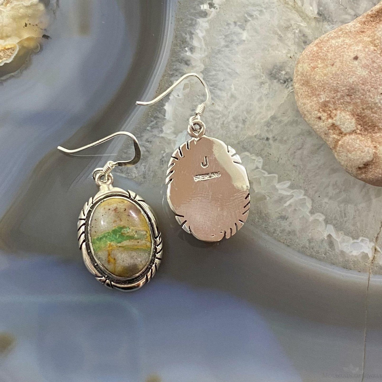 Native American Sterling Silver Oval Boulder Ribbon Turquoise Dangle Earrings