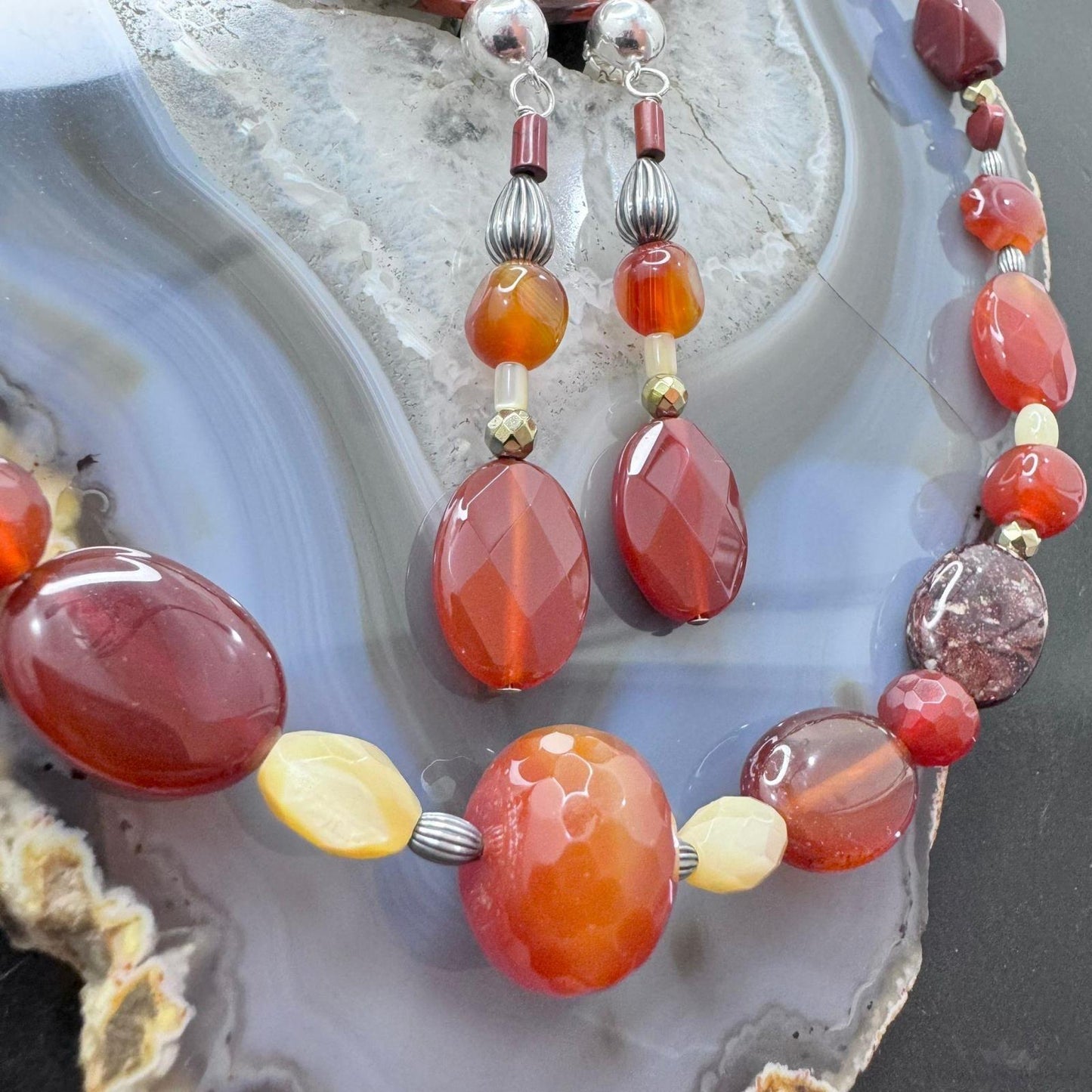 Carolyn Pollack Sterling Silver Carnelian & Jasper Beads Necklace & Dangle Earrings Set