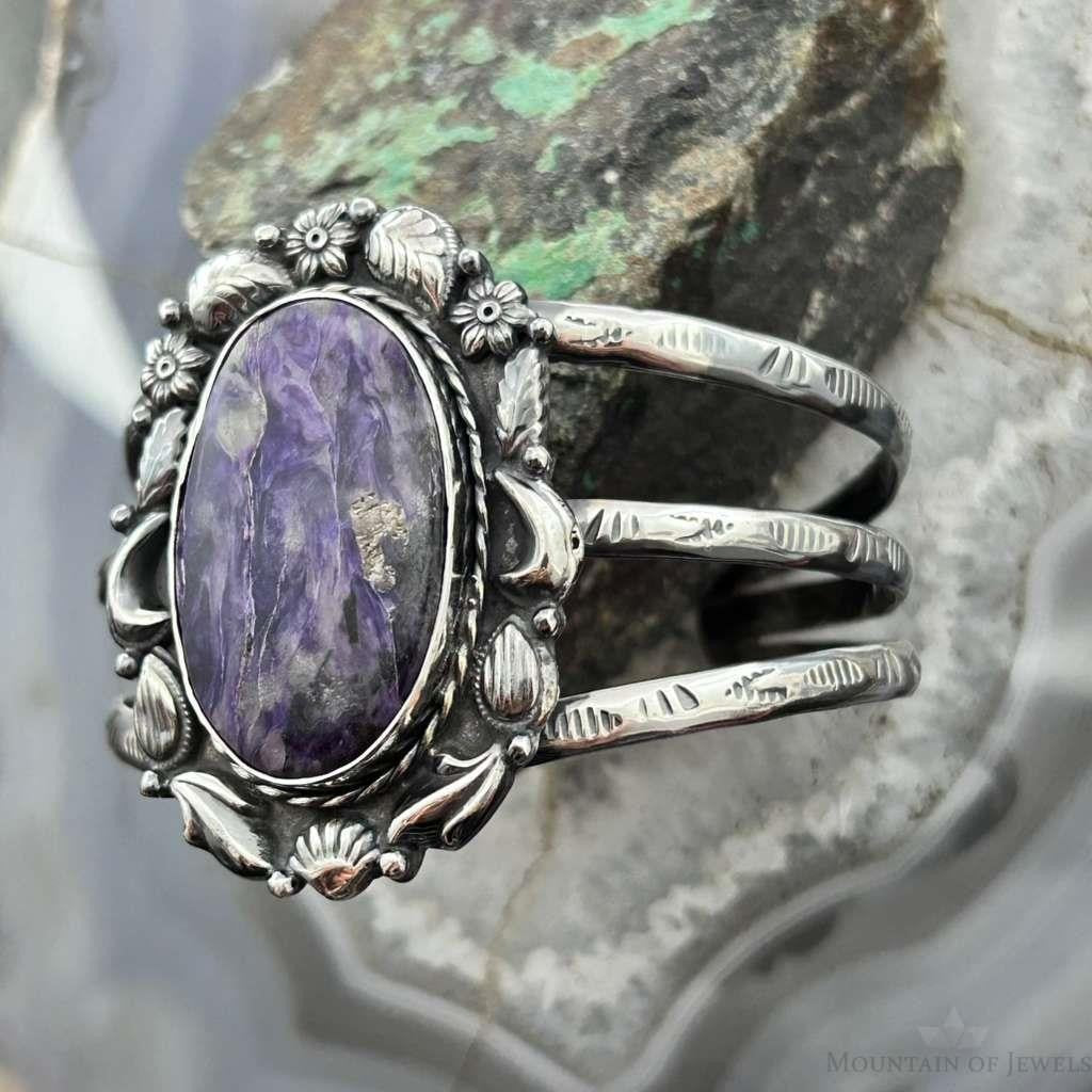 Sterling Silver Southwestern Style Large Oval Charoite Decorated Bracelet For Women