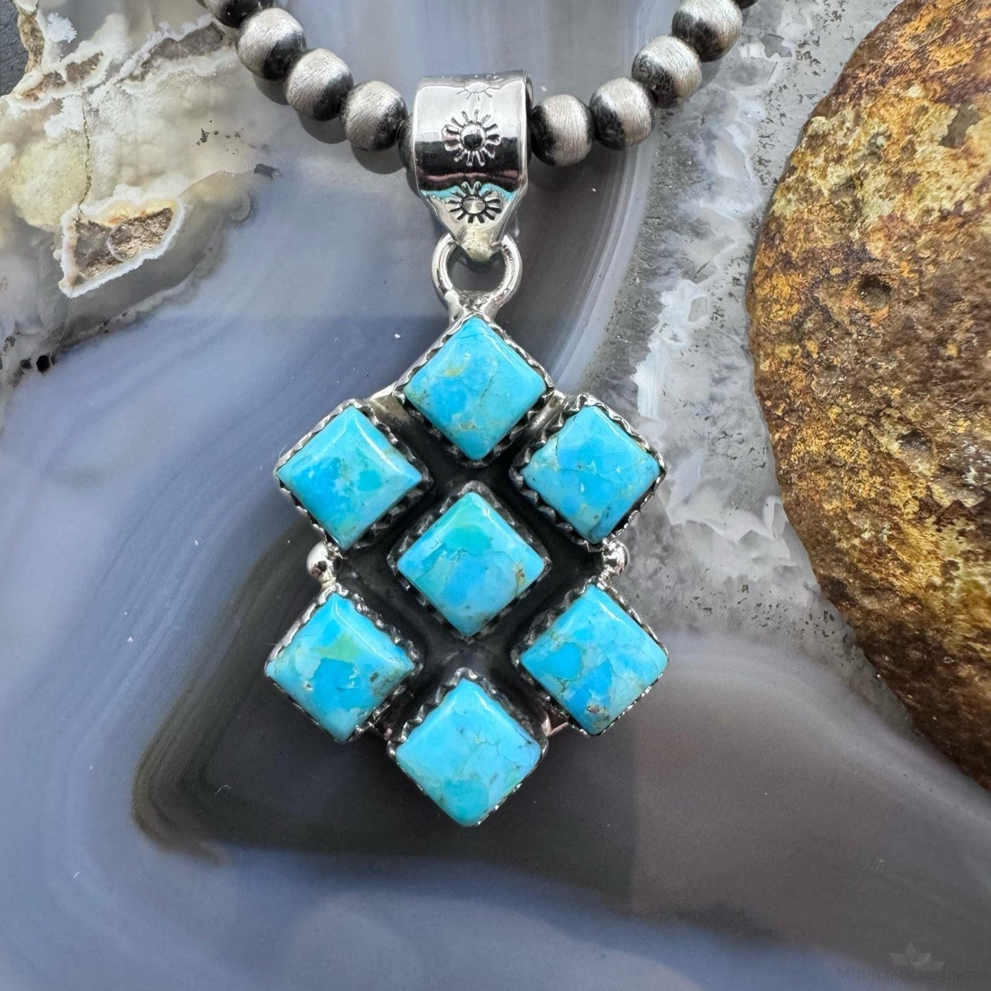 Sterling Silver Southwestern Style 7 SquareTurquoise Pendant For Women