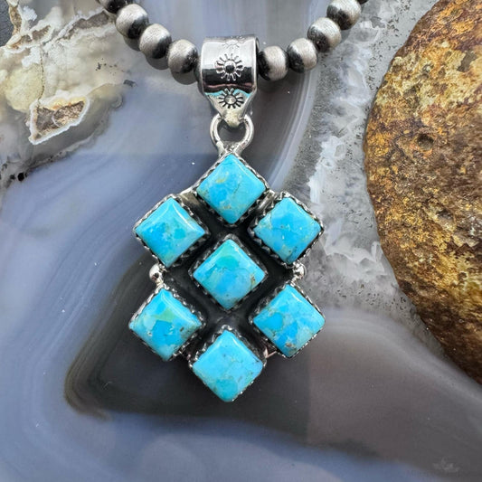 Sterling Silver Southwestern Style 7 SquareTurquoise Pendant For Women