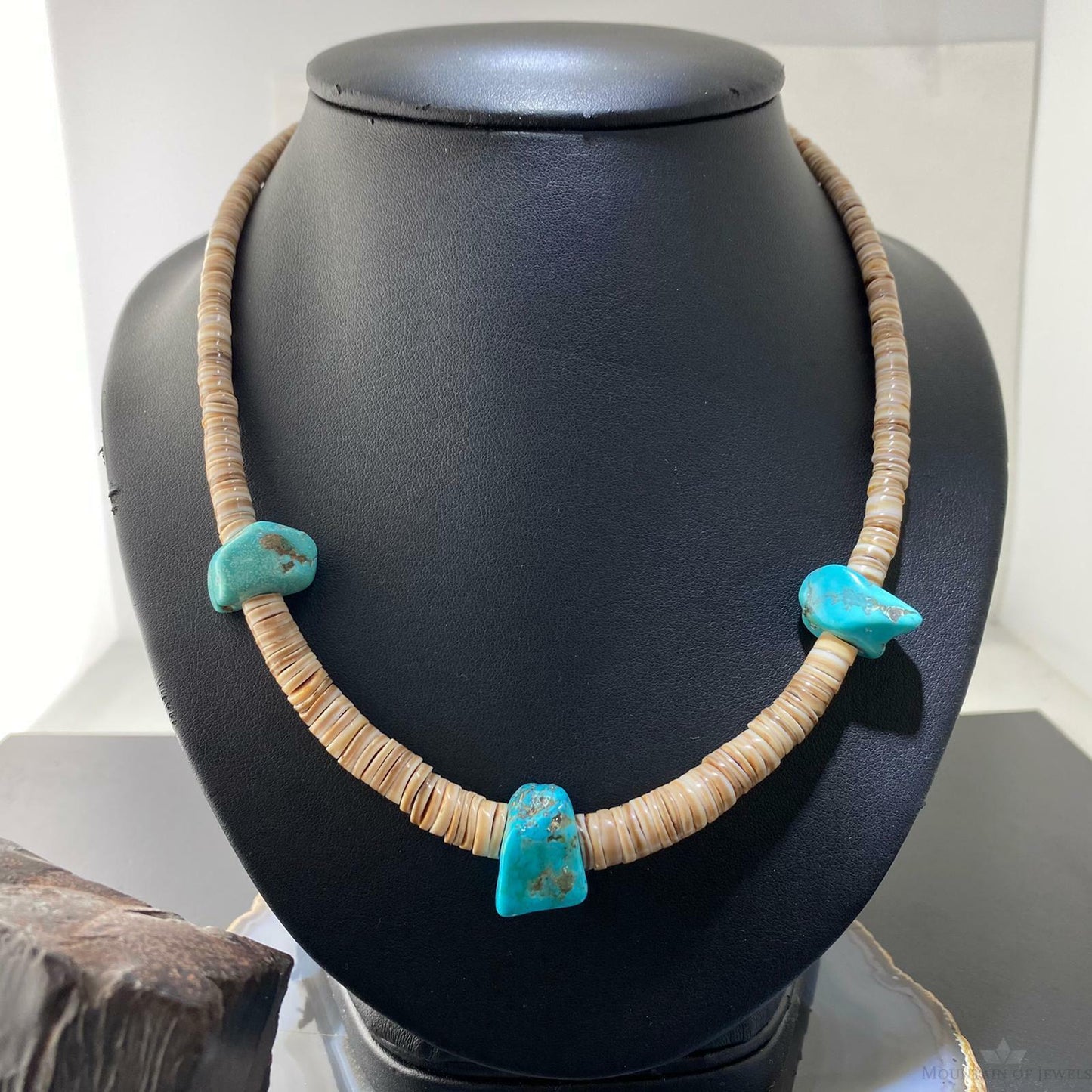 Vintage Native American Heishi Sea Shell Disk and Chunky Turquoise Necklace