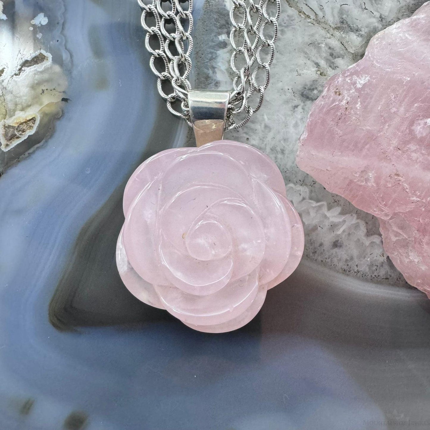 Carolyn Pollack Sterling Silver Carved Rose Quartz Rose Pendant With Chain Necklace For Women