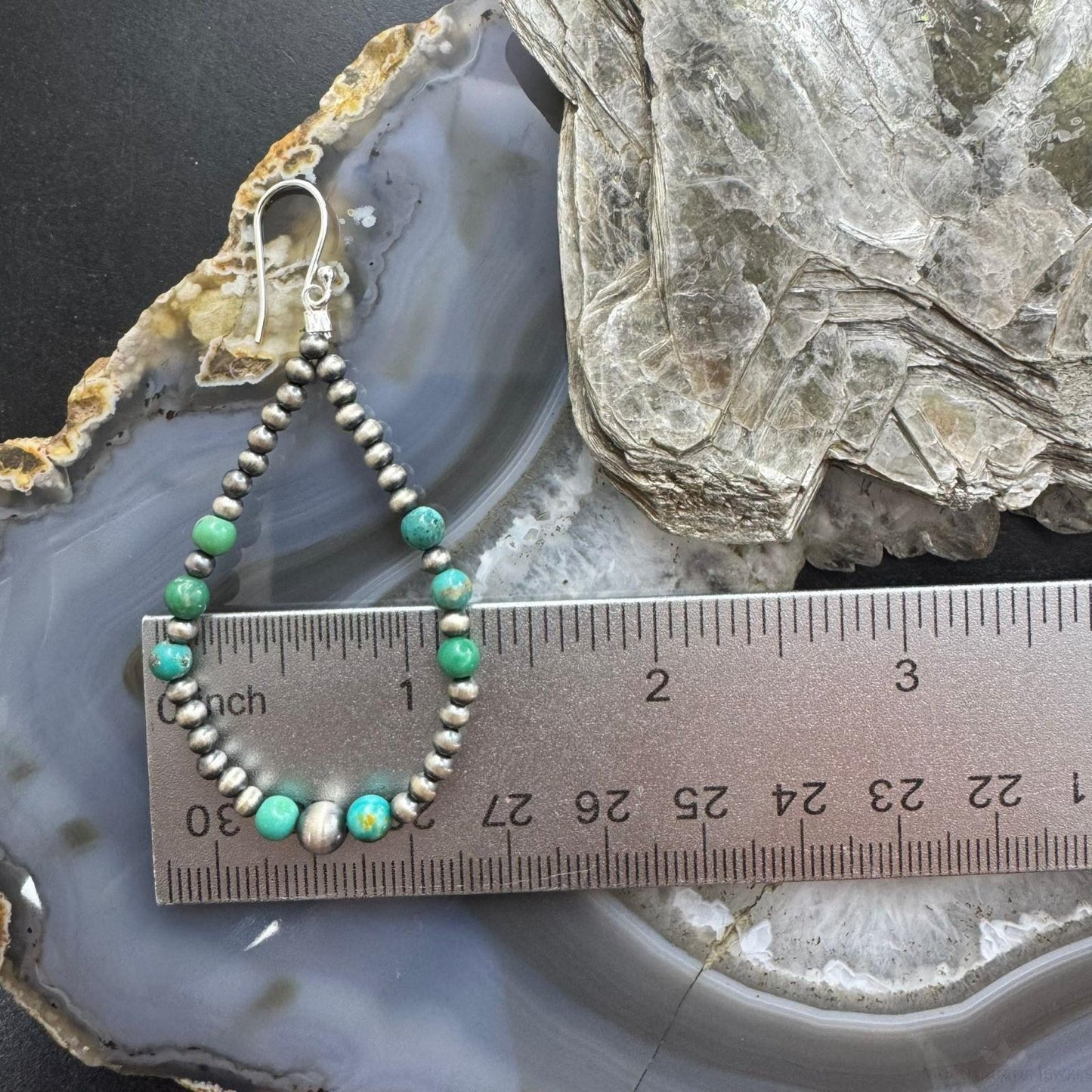 Sterling Silver 3-5mm Navajo Pearl Southwester Style & 4.5mm Turquoise Bead Hoop Earrings For Women