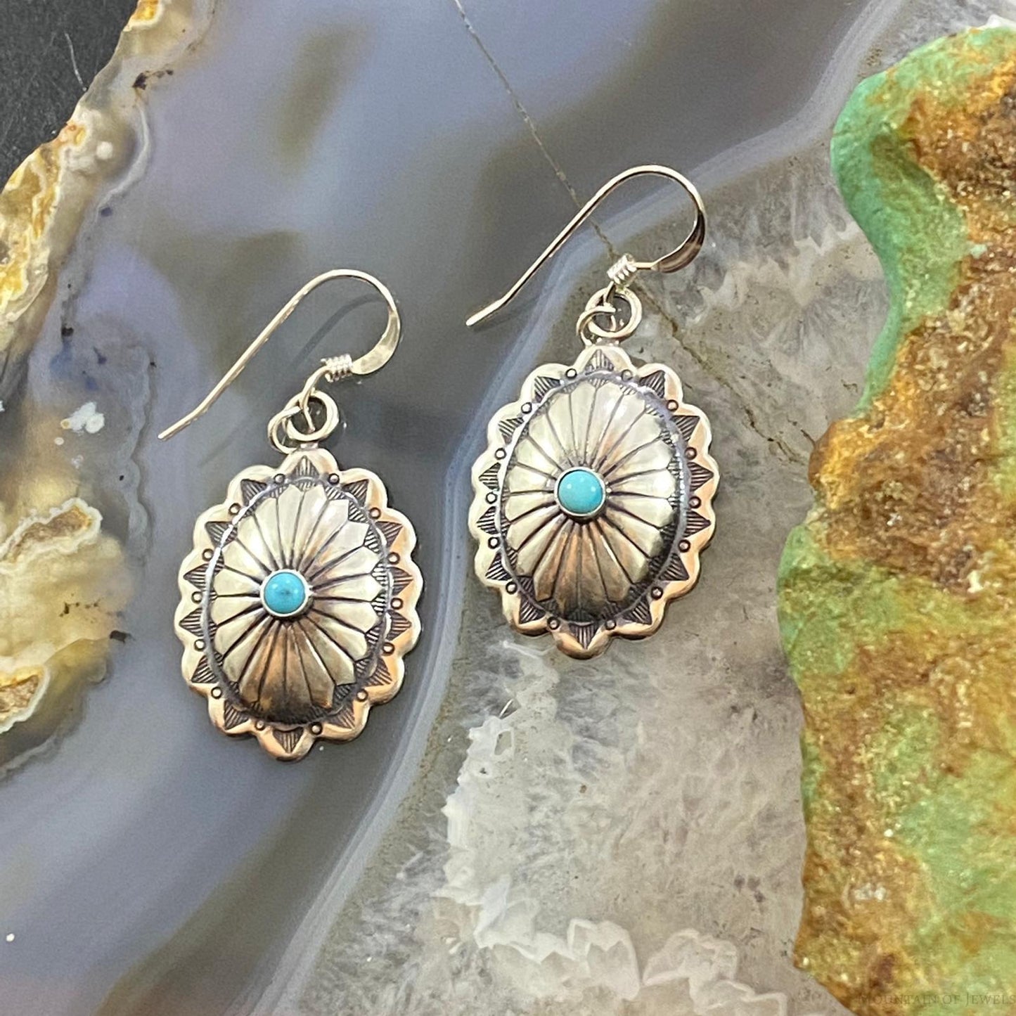 Native American Sterling Silver Turquoise Dot Stamped Concho Dangle Earrings For Women