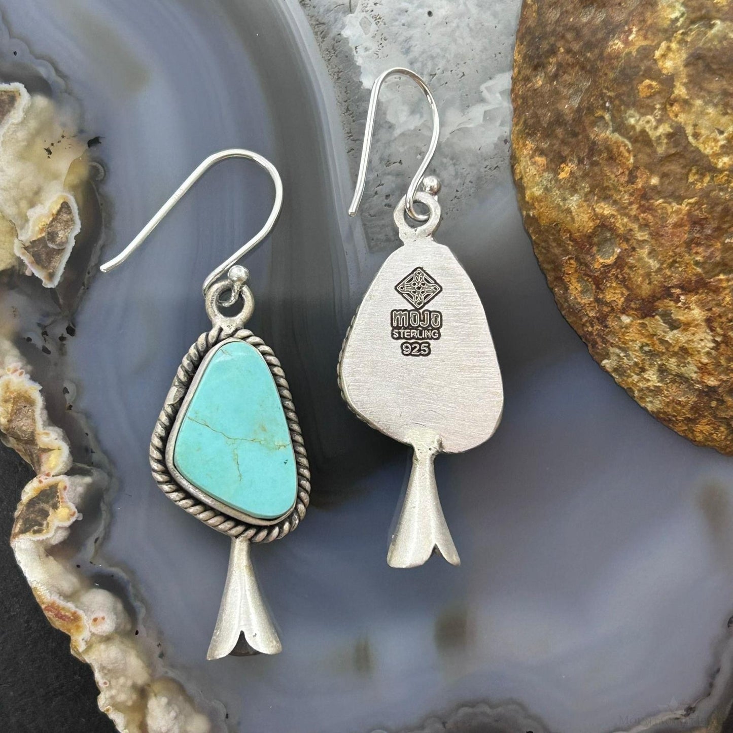 Sterling Silver Southwestern Style Turquoise Squash Blossom Dangle Earrings For Women #2