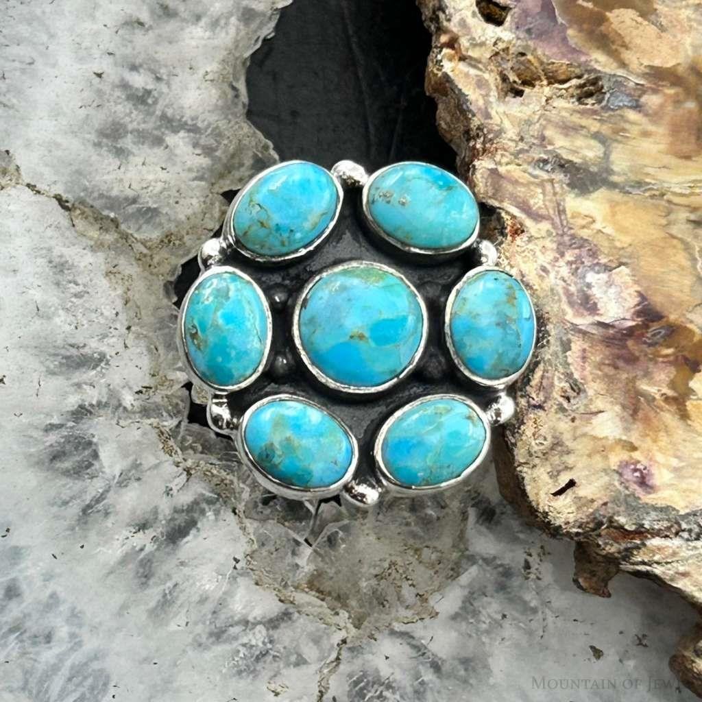 Sterling Silver Southwestern Style Mohave Turquoise Cluster Ring Size 7.5 For Women