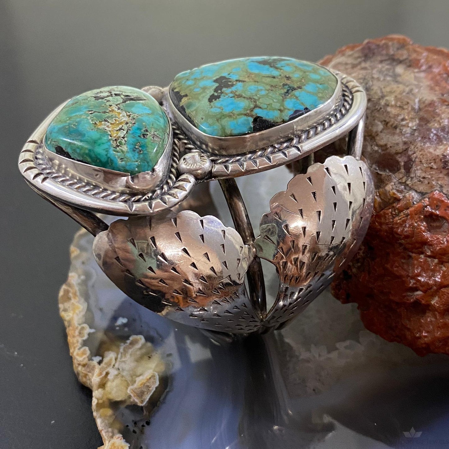 Vintage Native American Silver Cactus Leaves & Turquoise Bracelet For Women