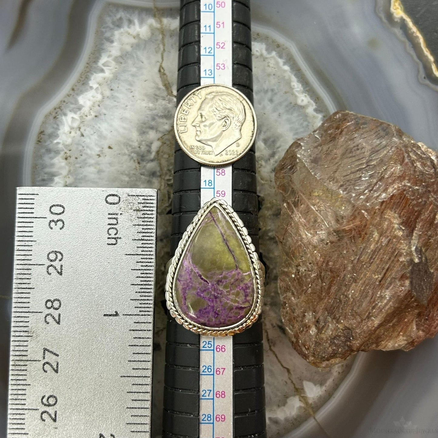 Sterling Silver Southwestern Style Teardrop Stichtite Decorated Ring Size 10.25 For Women
