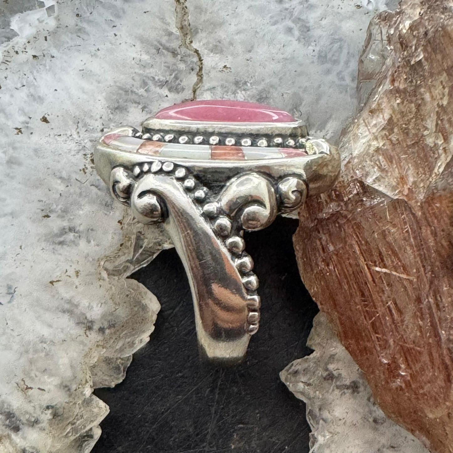 Carolyn Pollack Southwestern Style Sterling Silver Inlay Rhodonite & MOP Ring For Women