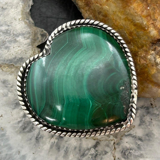 Sterling Silver Southwestern Style Malachite Heart Shape Ring Size 8 For Women