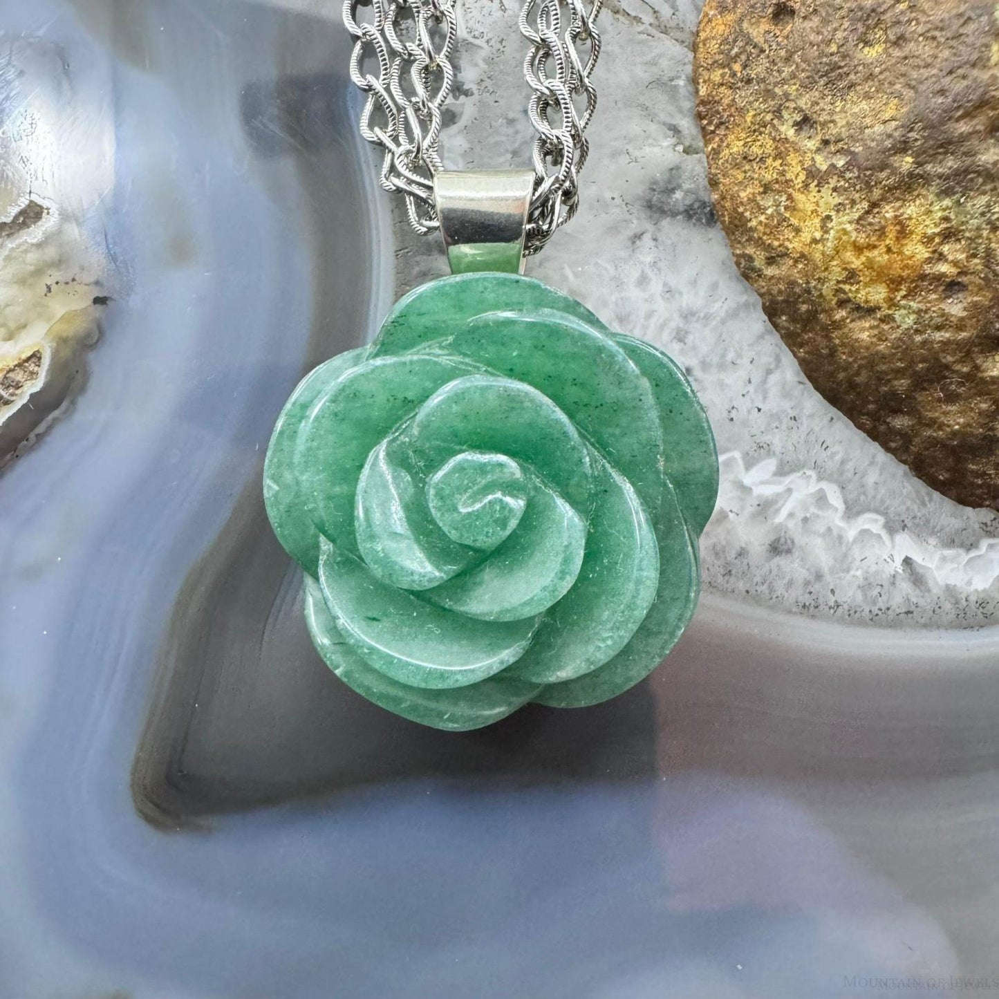 Carolyn Pollack Sterling Carved Green Aventurine Rose Pendant W/Chain Necklace For Women