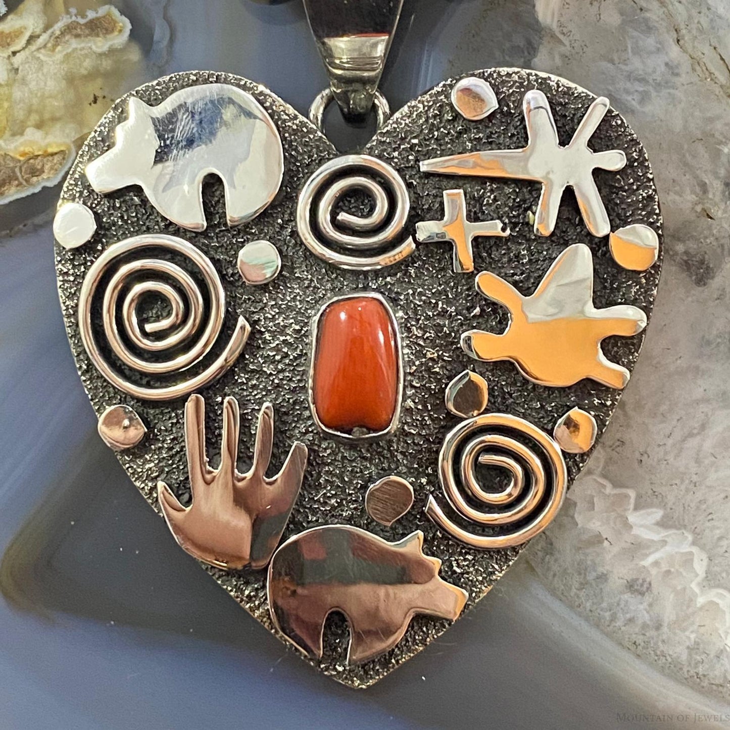 Alex Sanchez Sterling Silver Coral Large Petroglyph Heart Pendant For Women