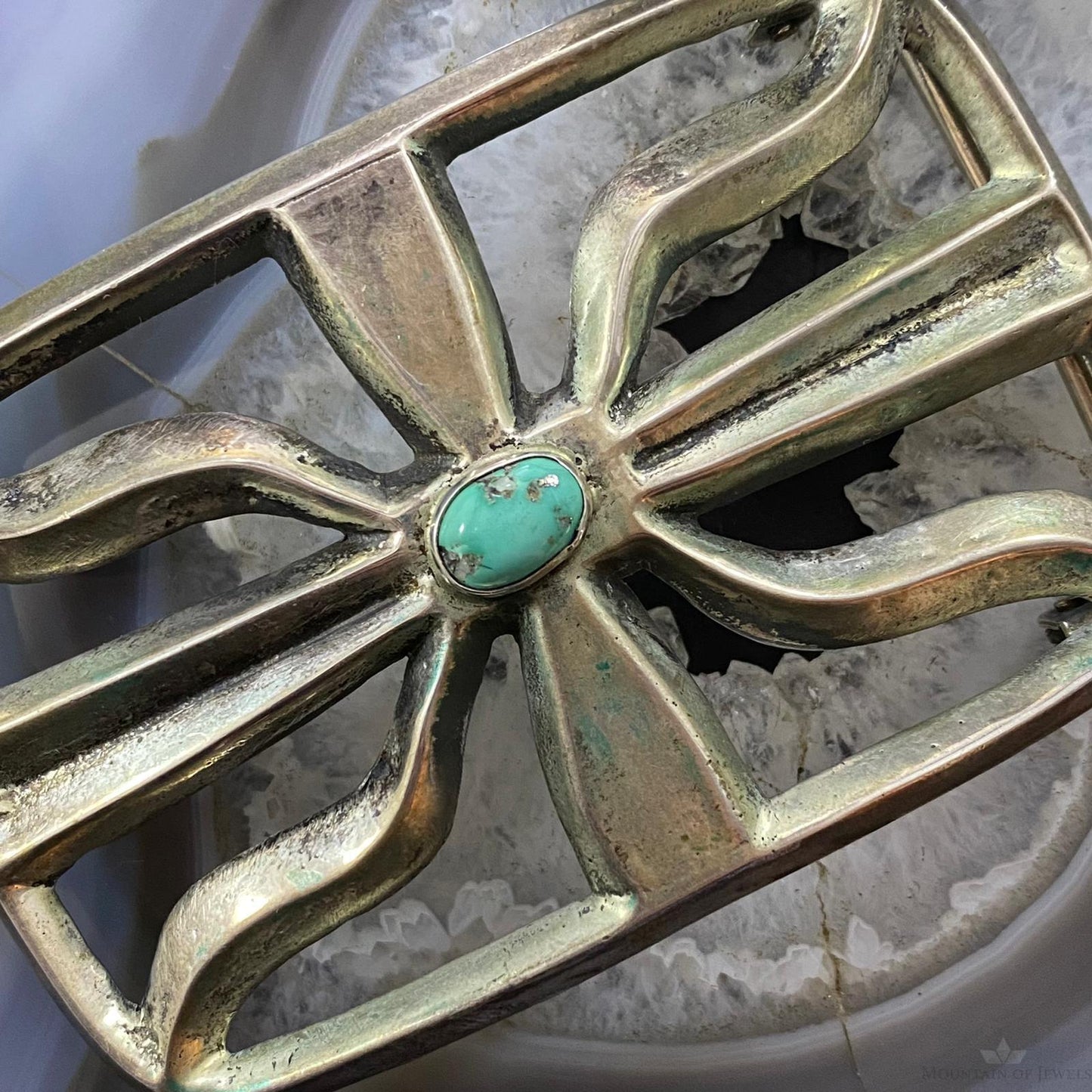 Vintage Native American Silver Sandcast Oval Turquoise Large Belt Buckle For Men