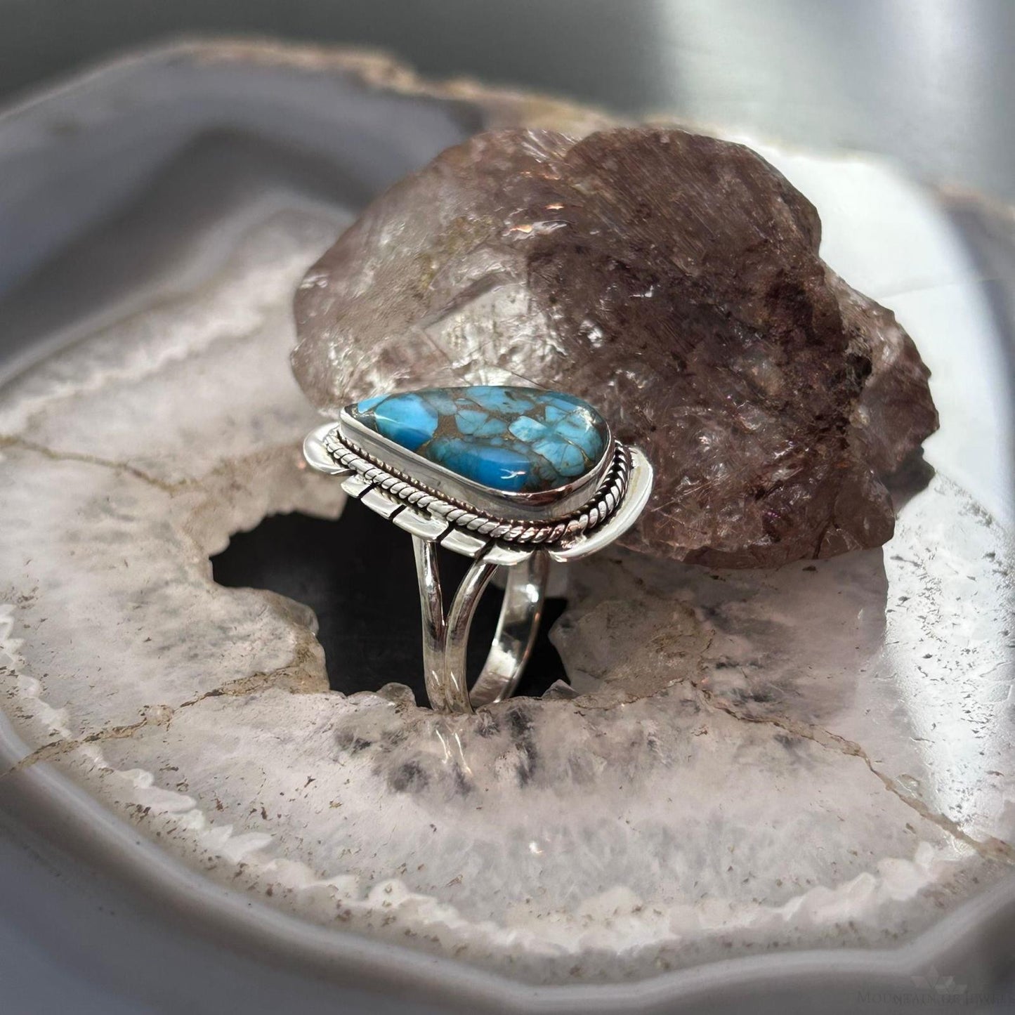 Sterling Southwestern Style Teardrop Blue Copper Turquoise Ring Size 8.5 For Women