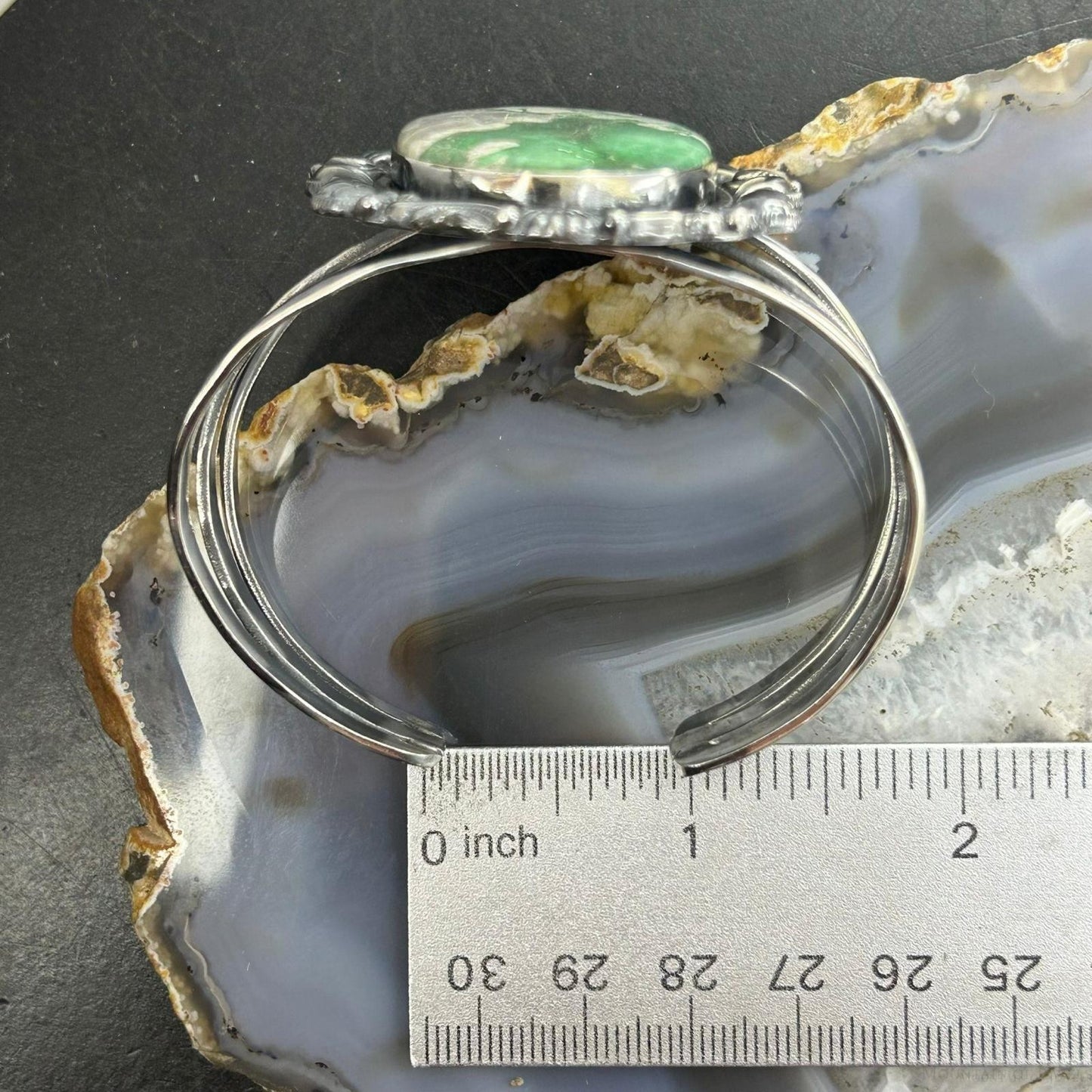 Sterling Silver Southwestern Style Large Oval Variscite Decorated Bracelet For Women