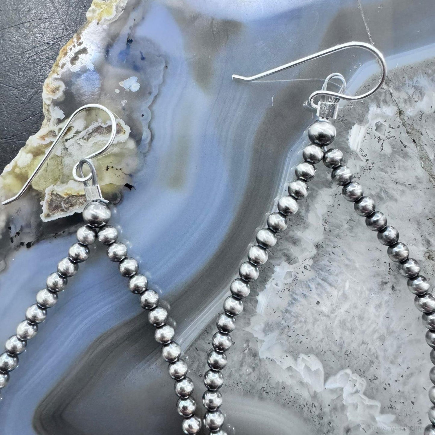 Native American Sterling Silver Navajo Beads with Larimar Bead Hoop Earrings For Women