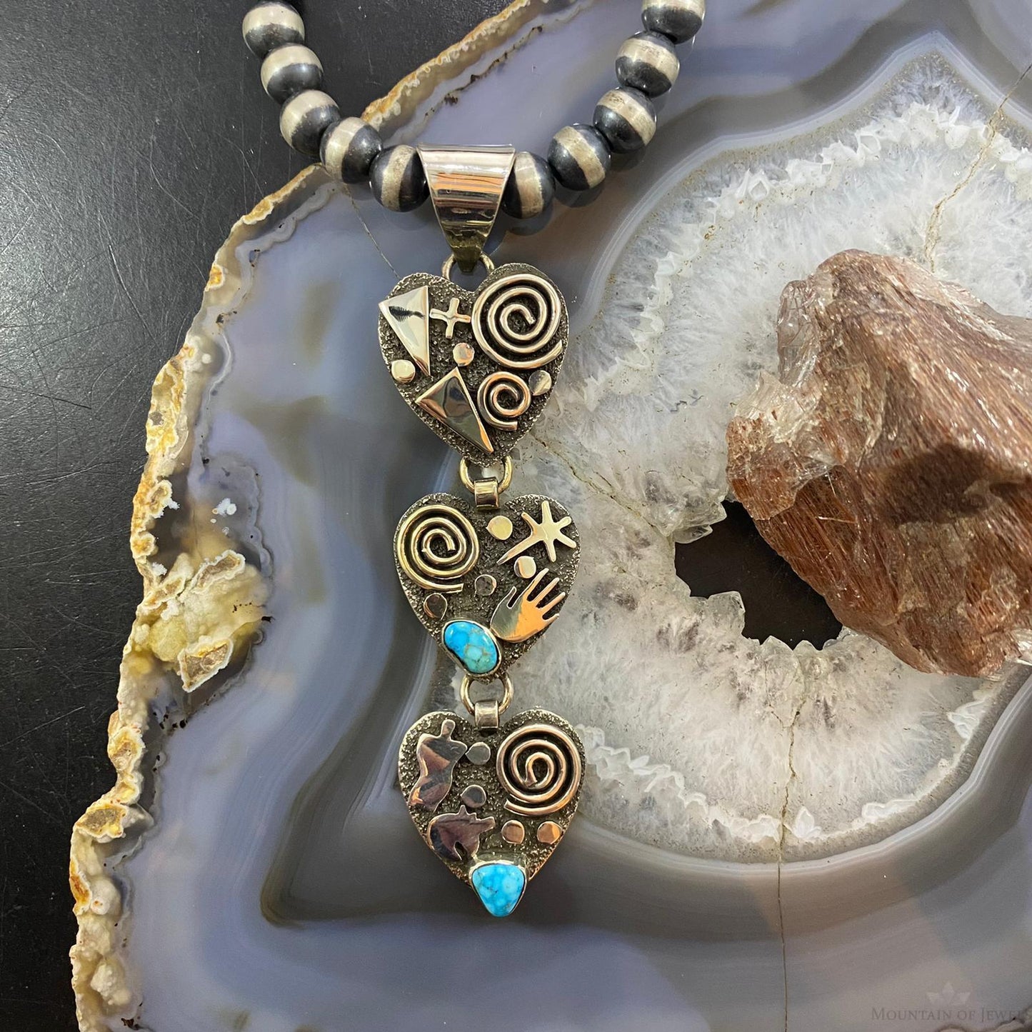 Alex Sanchez Native American Sterling Silver Triple Petroglyph Heart w/Turquoise Pendant For Women #5
