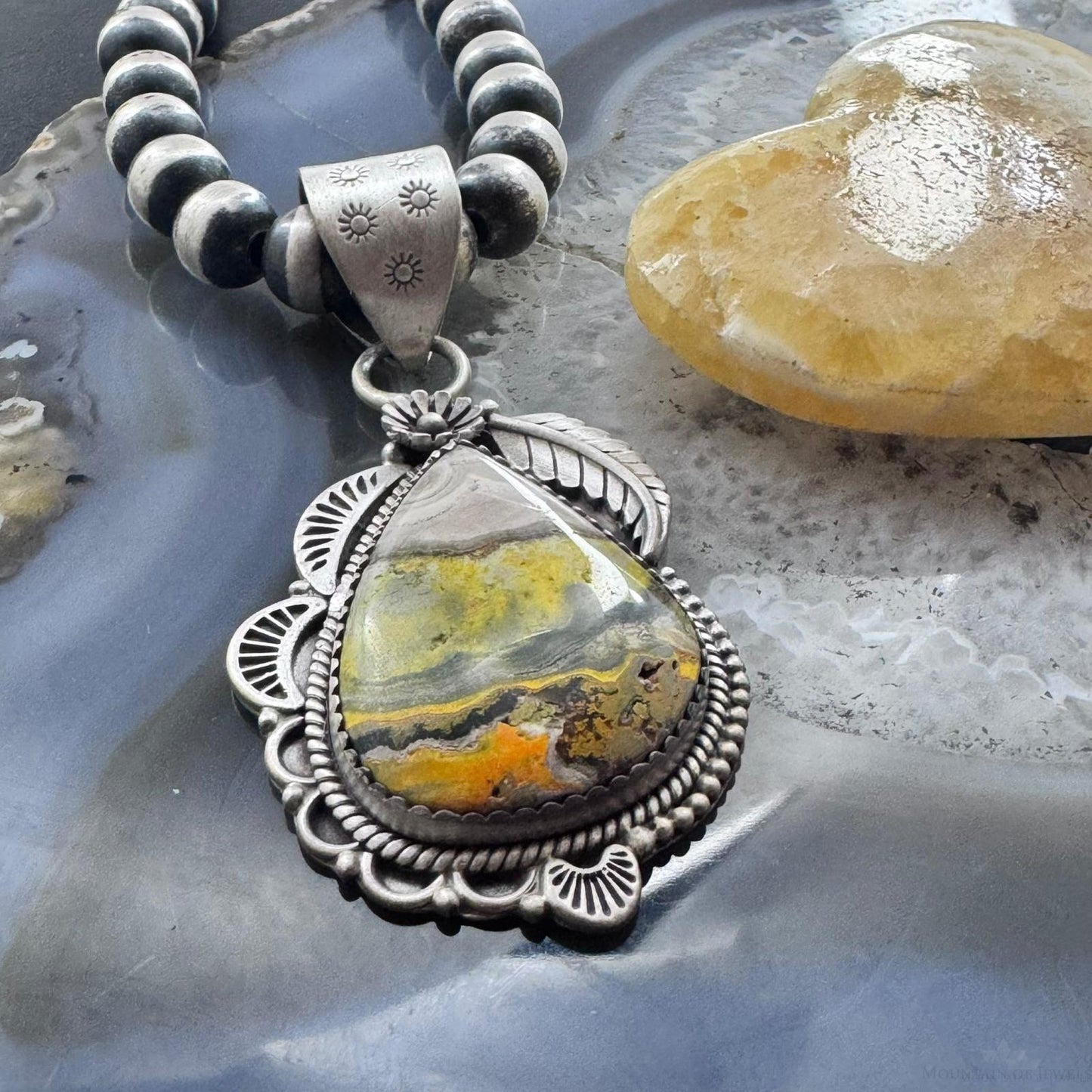 Sterling Silver Southwestern Style Teardrop Bumblebee Jasper Decorated Pendant For Women