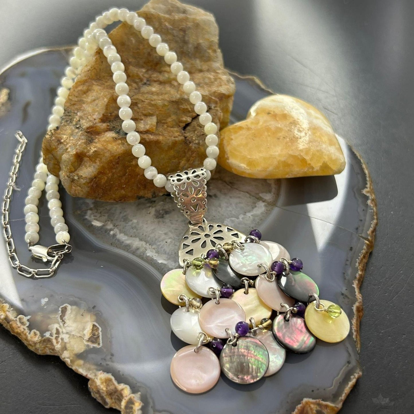 Carolyn Pollack Sterling Silver Multi Stone Dangle Pendant with MOP Necklace For Women