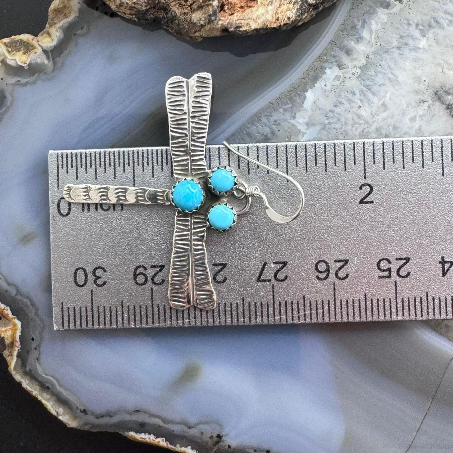 Brad Panteah Sterling Silver Dragonfly w/3 Turquoise Dangle Earrings For Women