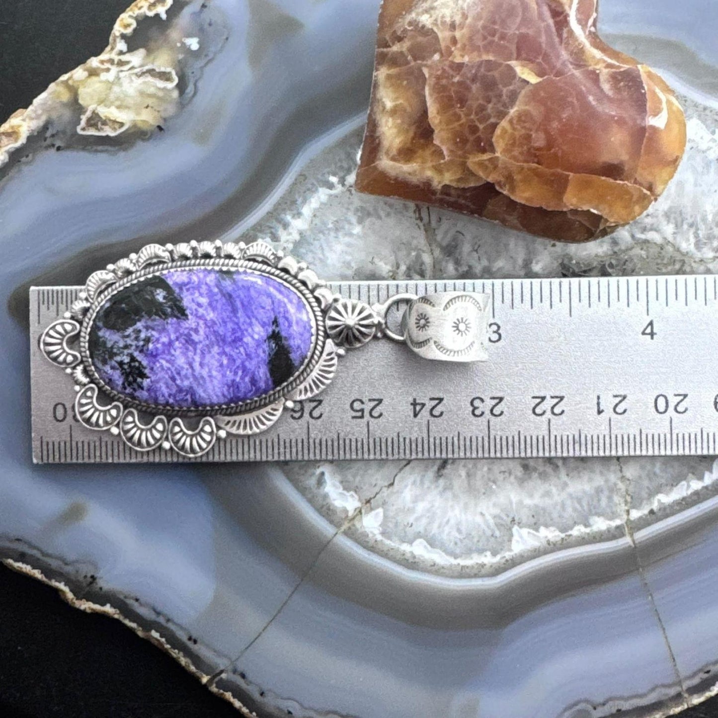 Sterling Silver Southwestern Style Large Oval Charoite Decorated Pendant For Women
