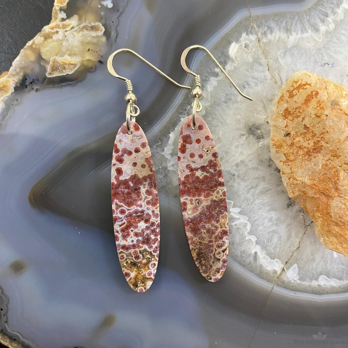 Sterling Silver Oval Red Jasper Slab Dangle Earrings For Women #087
