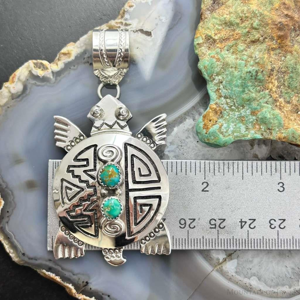 Alonzo Mariano Sterling Silver Overlay Turtle & 2 Turquoise Unisex Pendant #1