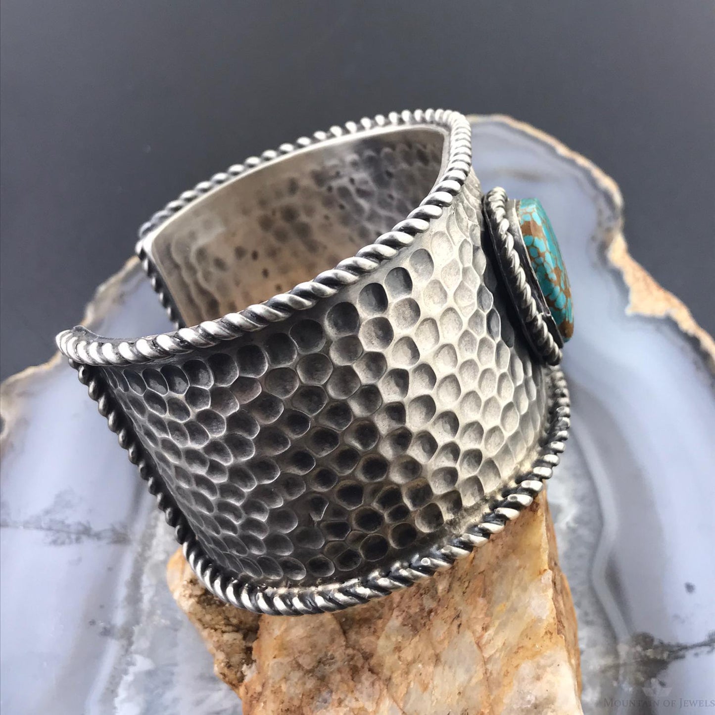 Tawney Cruz-Willie Sterling Silver Hammered Texture Turquoise Heavy Bracelet