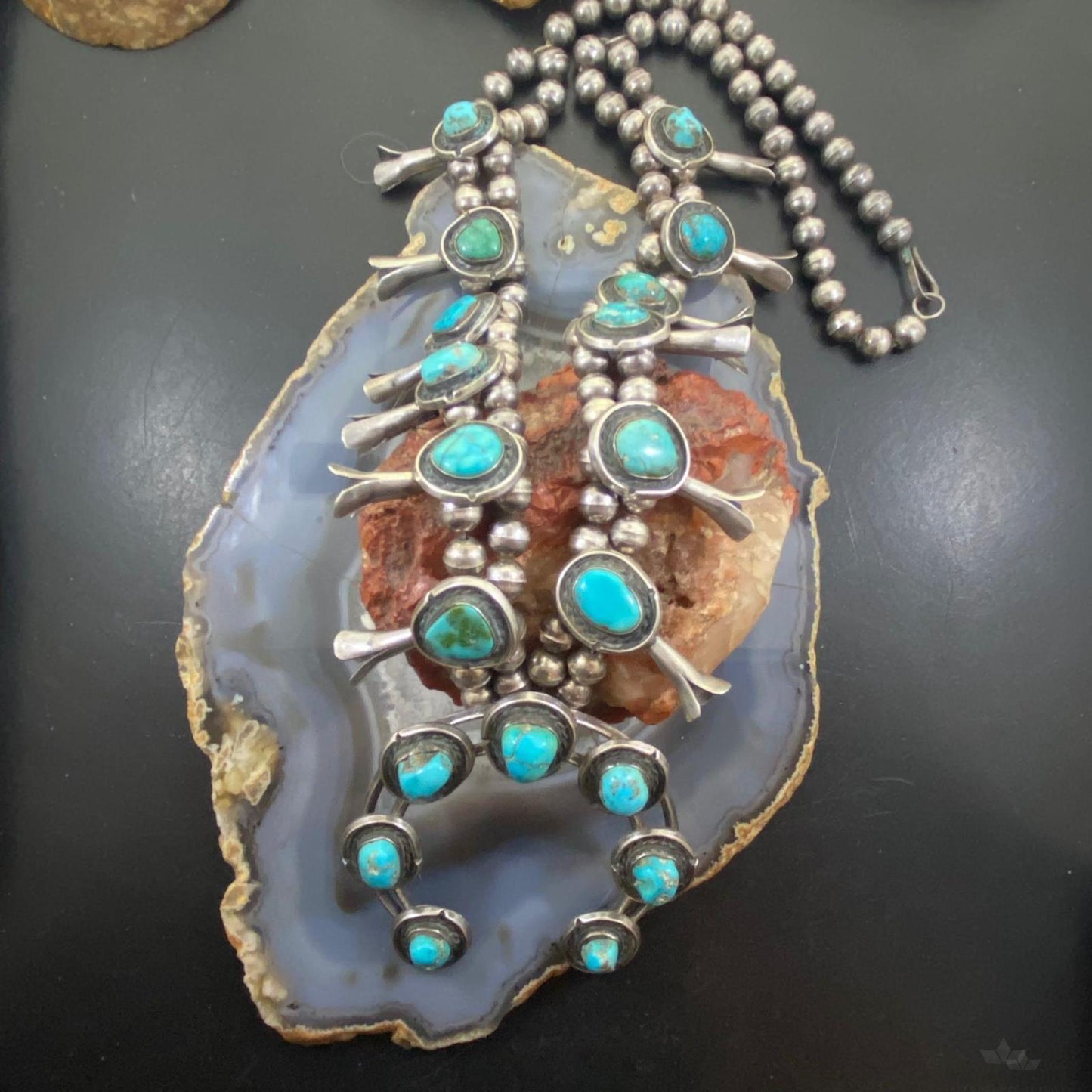 Antique Native American Silver Turquoise Squash Blossom Necklace For Women