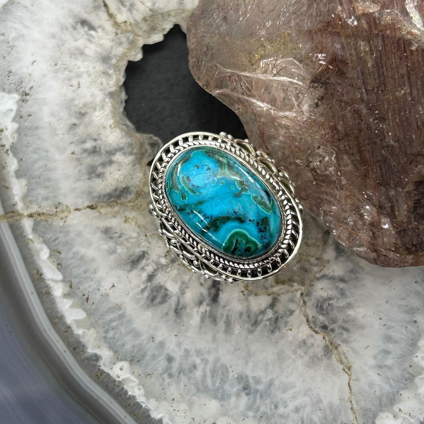 Sterling Silver Southwestern Style Oval Malachite Chrysocolla Ring Size 7.5 For Women