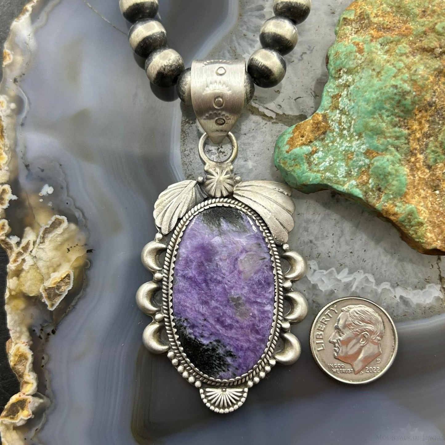Sterling Silver Southwestern Style Oval Charoite Decorated Pendant For Women