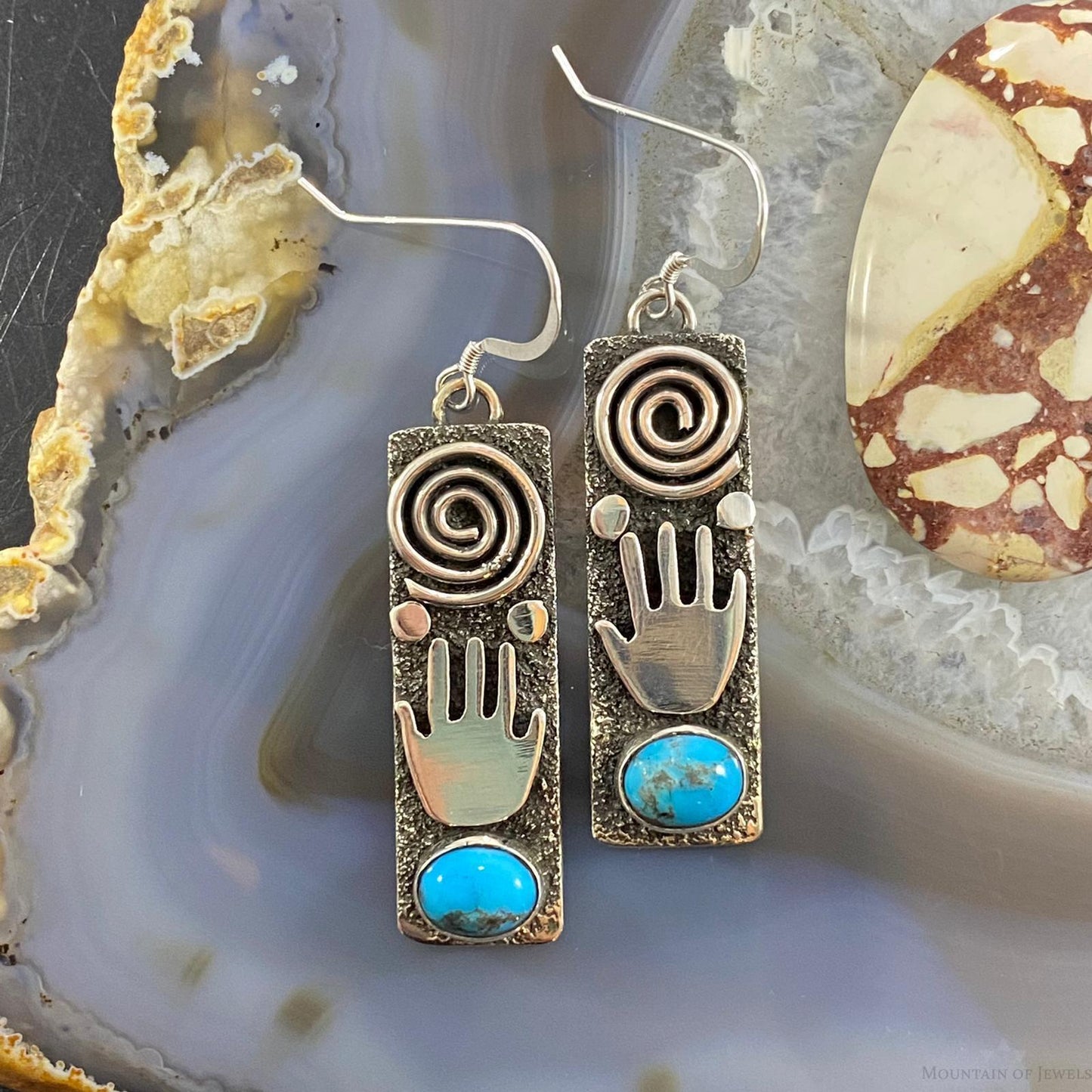 Alex Sanchez Native American Sterling Turquoise Petroglyph Dangle Earrings #3