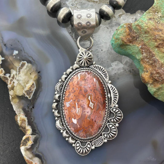 Sterling Silver Southwestern Style Oval Red Plum Jasper Decorated Pendant For Women