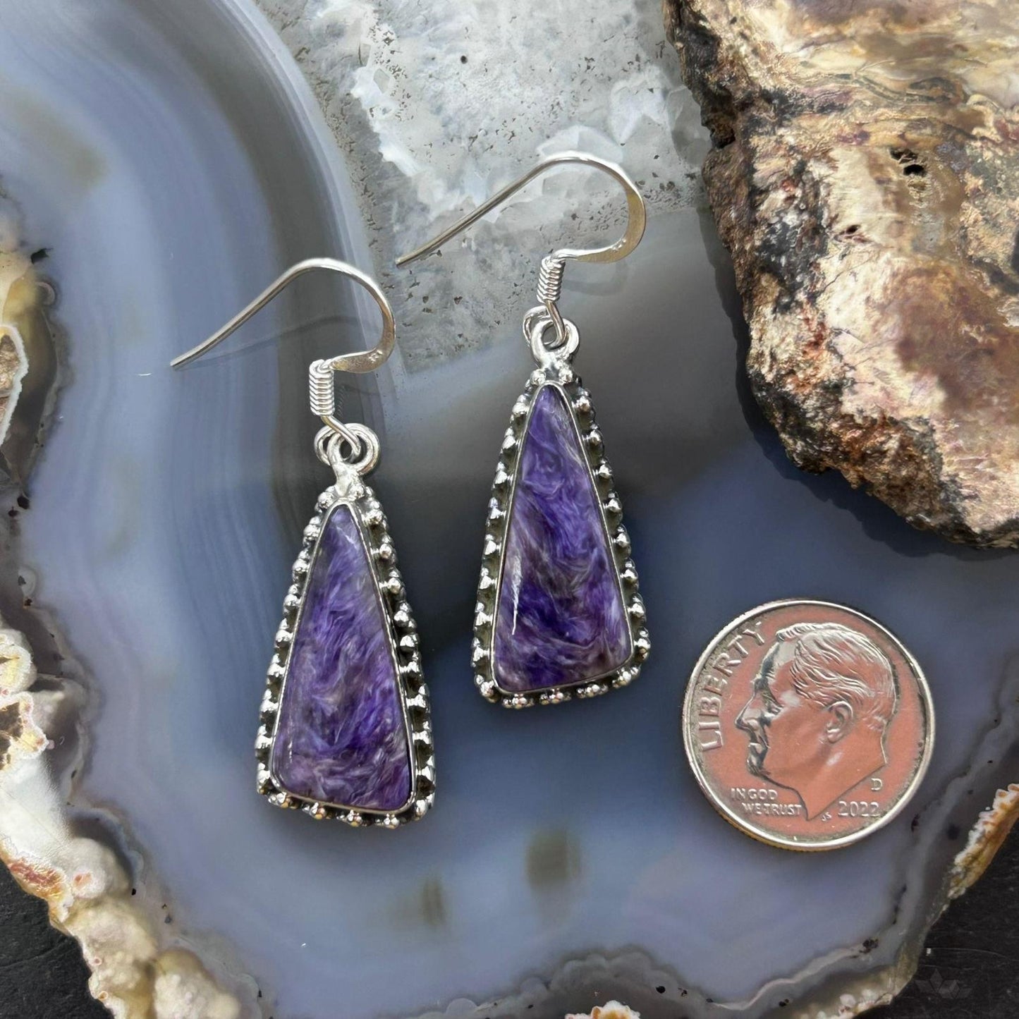 Sterling Silver Southwestern Style Triangle Charoite Dangle Earrings For Women