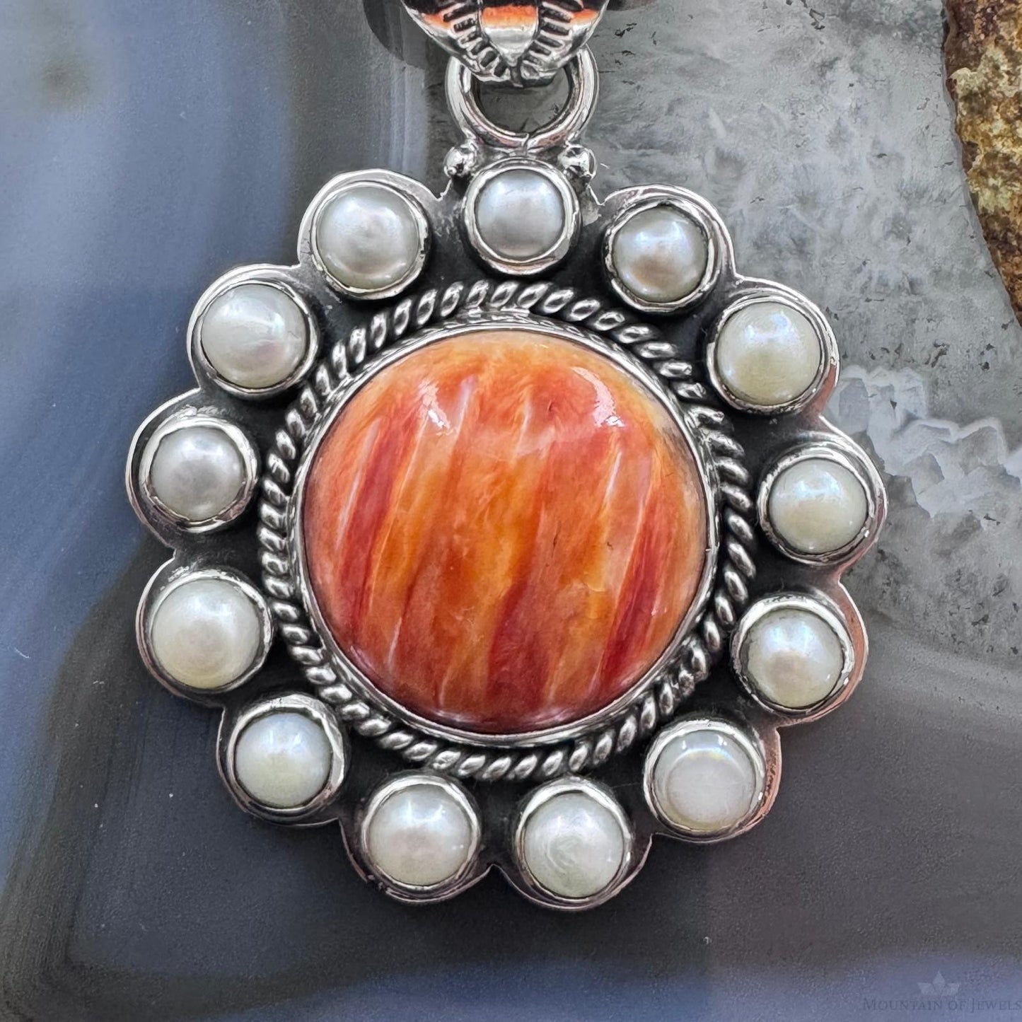 Native American Sterling Silver Spiny Oyster w/Pearls Cluster Pendant For Women